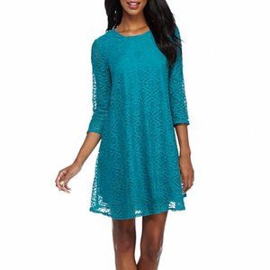 Sharagano Peacock Teal Lace Trapeze Dress (Size 6)